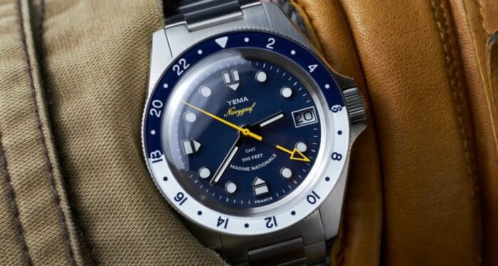 Montre Yema Navygraf Marine Nationale GMT Auto Cadran Bleu Bracelet Acier 38.5MM