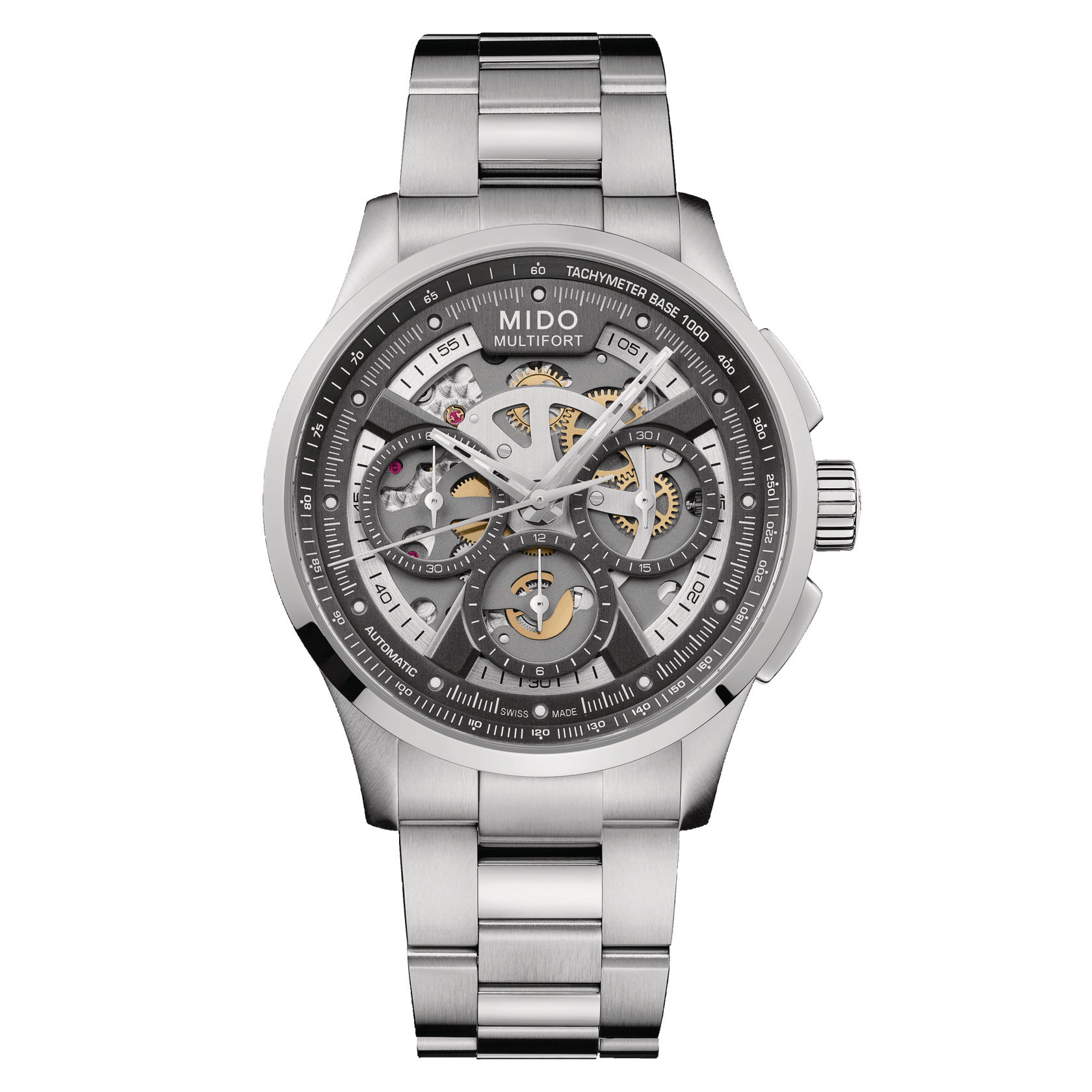 Montre Mido Multifort Skeleton Chronograph Auto Cadran Gris Bracelet Acier 43MM