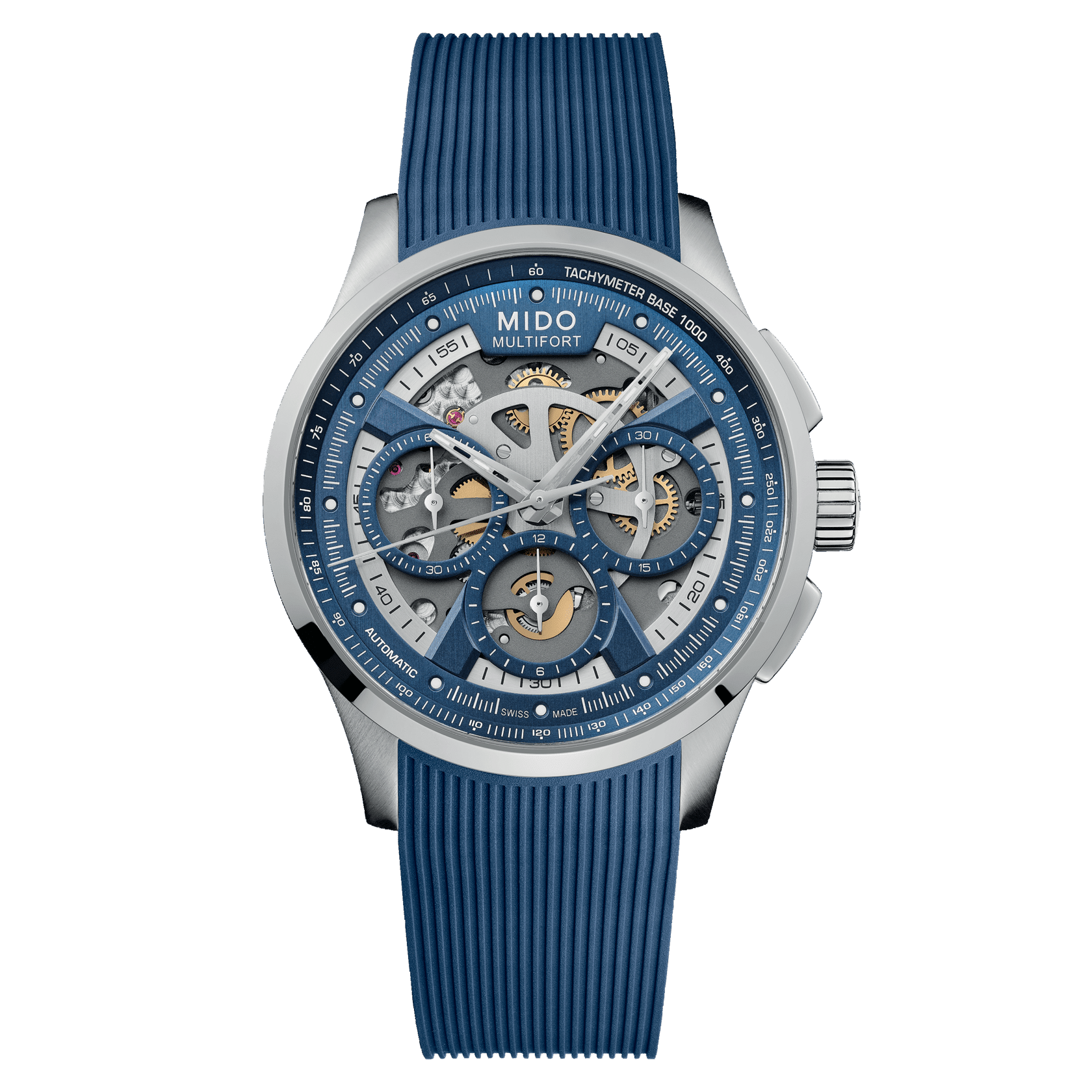 Montre Mido Multifort Skeleton Chronograph Auto Cadran Bleu Bracelet Caoutchouc 43MM