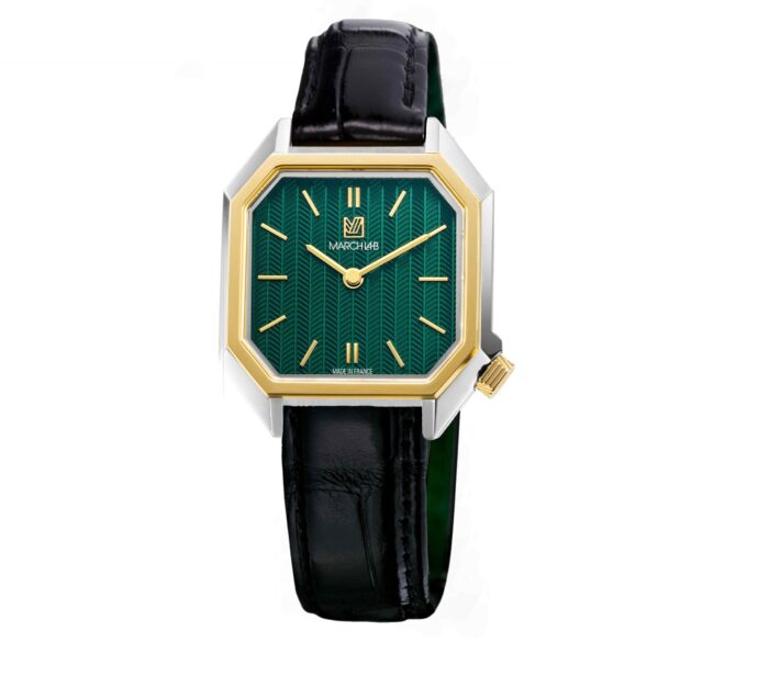 Montre MARCH LA.B Milady Mansart Chevrons Emerald Quartz Cadran Vert Bracelet Cuir 28MM