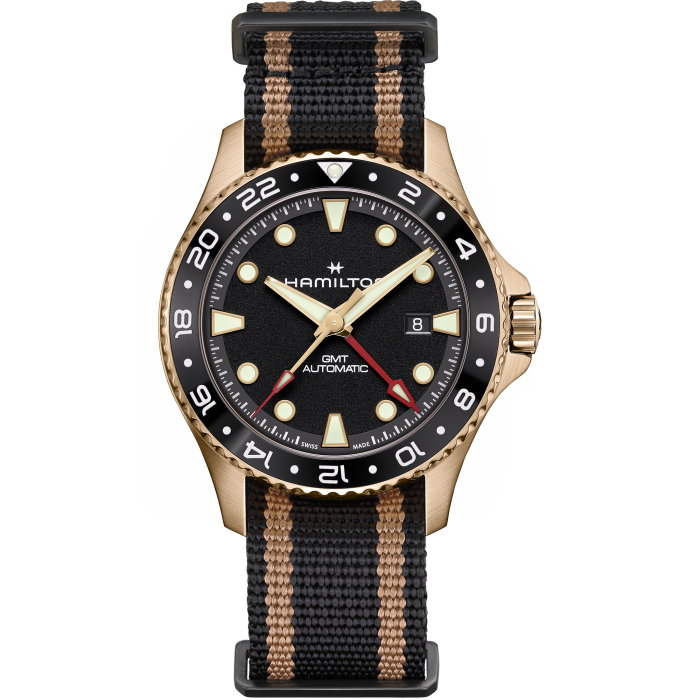 Montre Hamilton Khaki Navy Scuba Bronze Auto GMT Cadran Noir Bracelet Textile 43MM