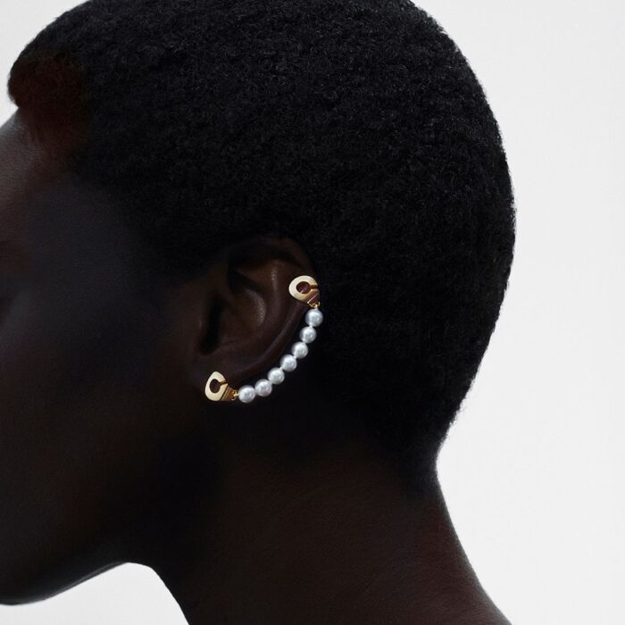 Mono Boucle d'Oreille Dinh Van Earcuff Droite Menottes Perles Or Jaune