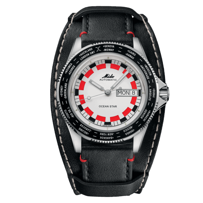 Montre Mido Ocean Star Worldtimer Auto Cadran Blanc Bracelet Cuir 40.5MM