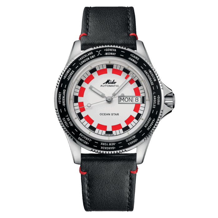 Montre Mido Ocean Star Worldtimer Auto Cadran Blanc Bracelet Cuir 40.5MM