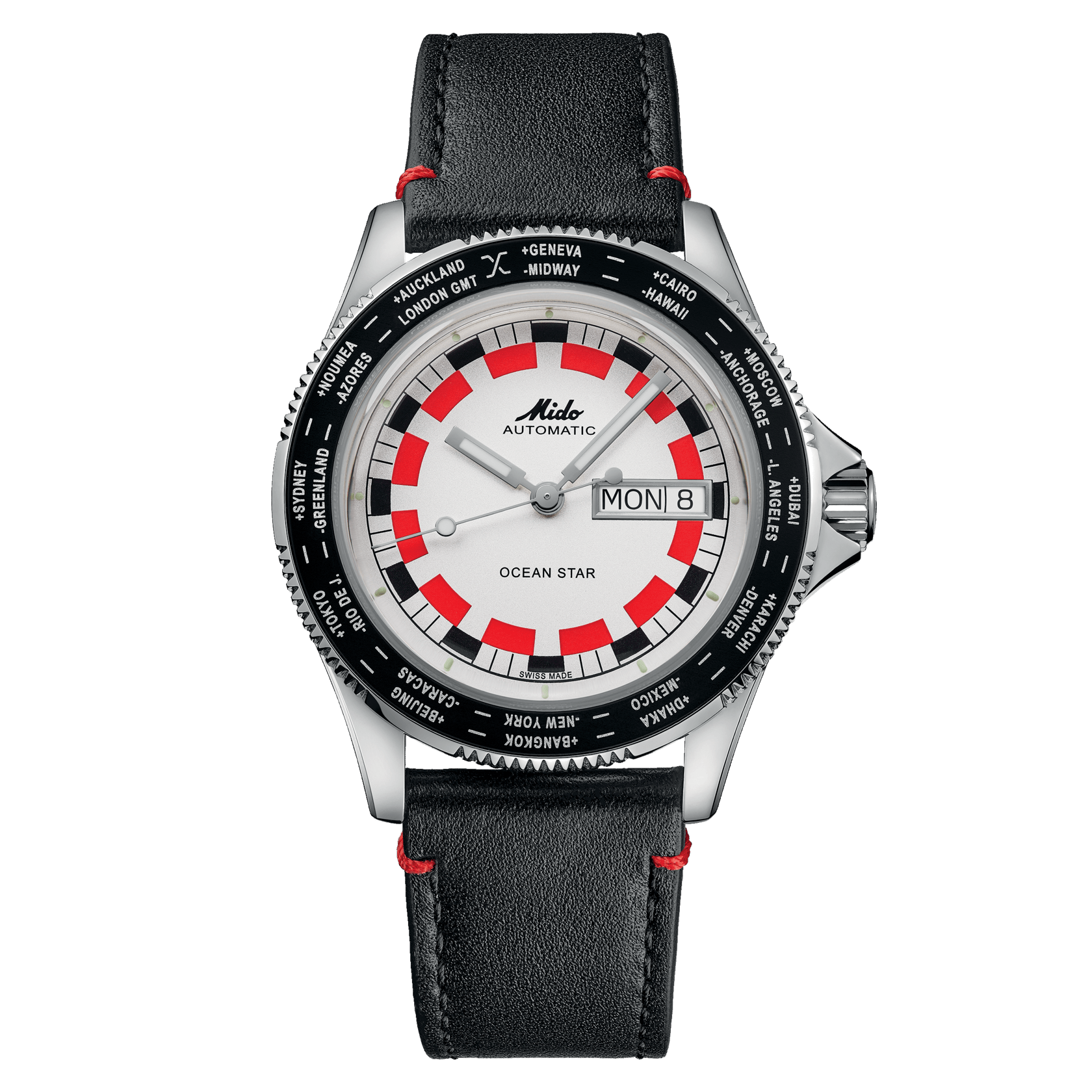 Montre Mido Ocean Star Worldtimer Auto Cadran Blanc Bracelet Cuir 40.5MM