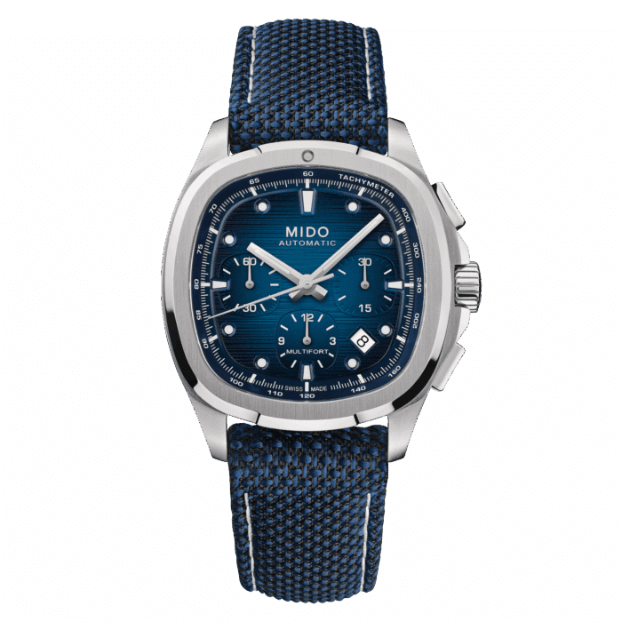 Montre Mido Multifort TV Chronograph Auto Cadran Bleu Bracelet Acier + Textile 42MM