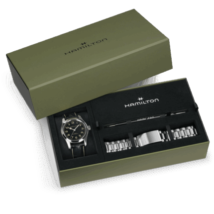 Coffret Spécial Montre Hamilton Khaki Field Murph Auto Cadran Noir Bracelet Acier + Cuir 42MM