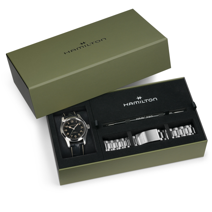 Coffret Spécial Montre Hamilton Khaki Field Murph Auto Cadran Noir Bracelet Acier + Cuir 42MM