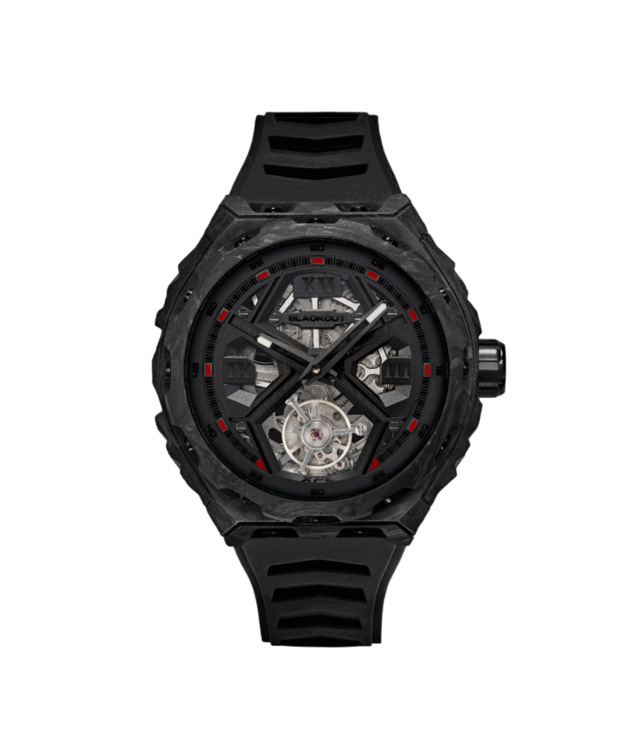 Montre Blackout Watches XPE Tourbillon Black Red Bracelet Caoutchouc 42.5MM