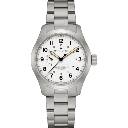 Montre Hamilton Khaki Field Mechanical Power Reserve Cadran Blanc Bracelet Acier 40MM