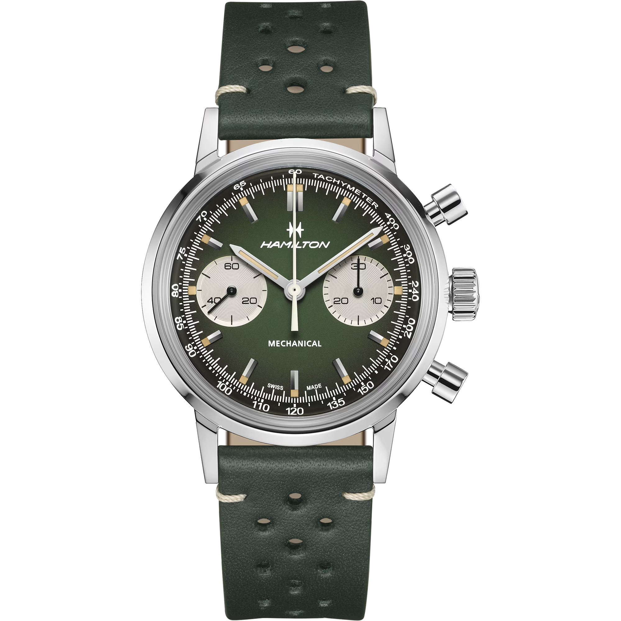 montre-hamilton-american-classic-intra-matic-chronographe-h-cadran-vert-bracelet-cuir-40mm Montre Hamilton American Classic Intra-Matic Chronographe H Cadran Vert Bracelet Cuir 40mm – Image 1